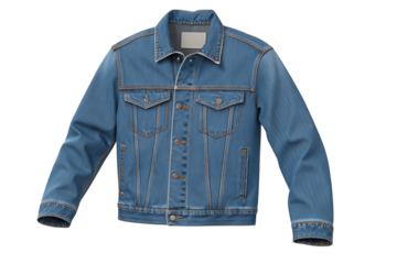 Classic blue denim jacket with stylish stitching and buttons displayed on a plain black background