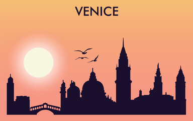 silhouette of the city of Venice against the sunset. The sun and several birds are depicted in the sky