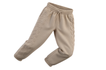 Beige jogger pants with intricate cable knit design along side stylish comfortable relaxed fit