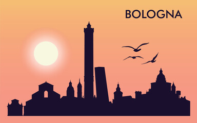 silhouette of the city of Bologna against the sunset. The sun and several birds are depicted in the sky © Dima