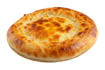 Golden brown khachapuri bread filled with rich melted cheese and crispy crust on top surface