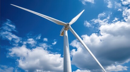 A large wind turbine towers above rolling landscapes, its blades turning gracefully in the breeze. The clear blue sky and scattered clouds create a serene backdrop, showcasing renewable energy.