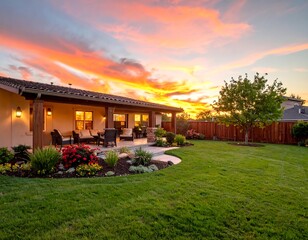 Sunset view of a  home's backyard