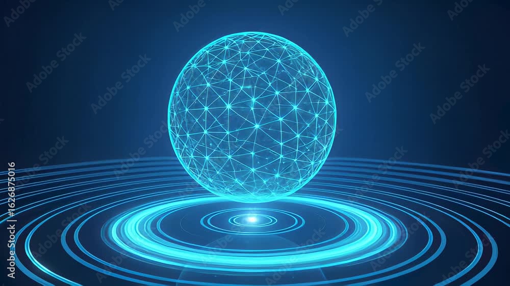 Poster glowing blue sphere rotates smoothly showcasing advanced technology in a dynamic display of light
