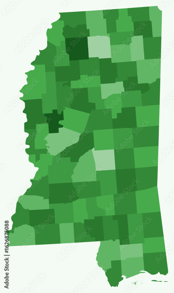 Poster map of mississippi with counties. just a simple state border map with county division. green color p