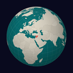 Syrian Arab Republic on the map. Globe centered to Syria. Country location on the world map. Teal Pale Mint color palette. Globe with countries, meridians and parallels.