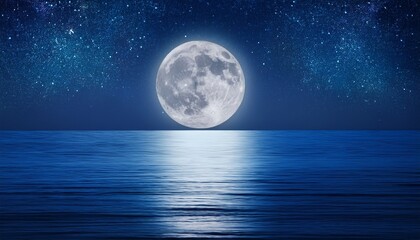 glowing full moon over calm ocean at night with starry sky and reflective water surface