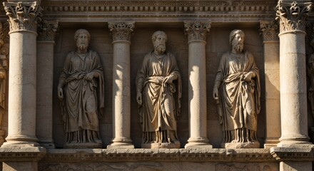 Fototapeta premium Ancient Architectural Sculptures: A detailed capture of a stone facade adorned with classical sculptures, showcasing timeless artistry and grandeur.