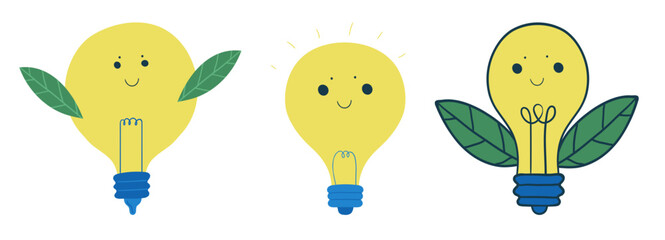 Three cheerful light bulbs with leaves and happy faces symbolizing creativity innovation and eco friendly ideas
