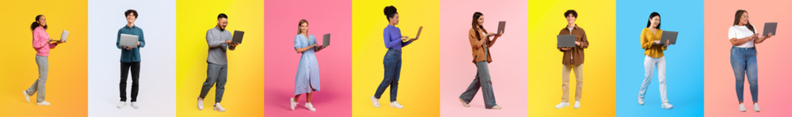 A collection of diverse people stands against colorful backgrounds, each engaged with their laptops. The subjects represent various lifestyles, showcasing modern work environments.