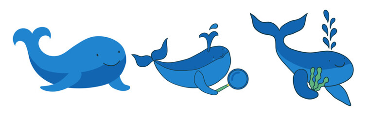 Three adorable cartoon blue whales with playful expressions and aquatic elements like water spouts and seaweed, perfect for children's content