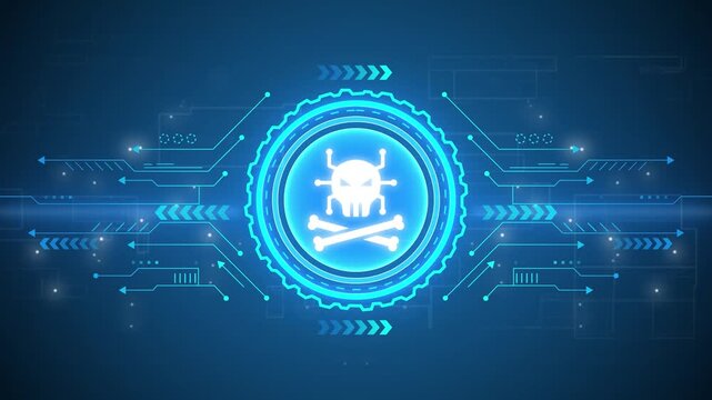 Danger Icon on Digital Hacker Screen. Skull Logo and Icon on Dynamic Technology Background. data processing data processing and computer circuit board. Adware Warning Text on hacking.