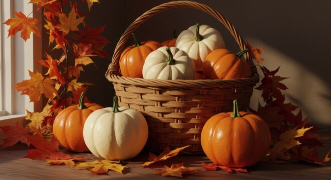 Autumnal Bounty: An arrangement of orange and white pumpkins spills from a woven basket amidst a scattering of vibrant fall leaves, creating a warm, inviting scene of harvest and seasonal abundance.