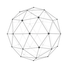 Abstract geometric network sphere with connected nodes and lines symbolizing data transfer and connectivity