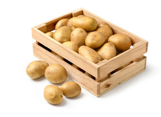 Fresh potatoes in wooden crate isolated on white background. Clipping path.