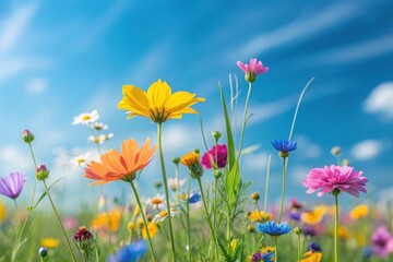 Fototapeta premium Vibrant Wildflower Meadow Under Clear Blue Sky