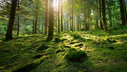 Obraz premium lush green forest with moss covered ground sunlight filtering through trees serene atmosphere