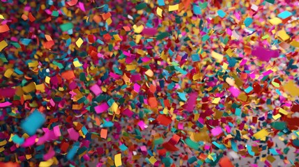 Brightly colored confetti in various shapes fills the air during a lively celebration. The atmosphere is cheerful, capturing the essence of joy and festivity at the summer gathering.