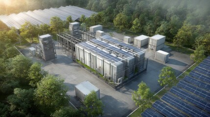 This facility showcases state-of-the-art energy technology surrounded by lush greenery, featuring solar panels and modern equipment for sustainable energy generation.