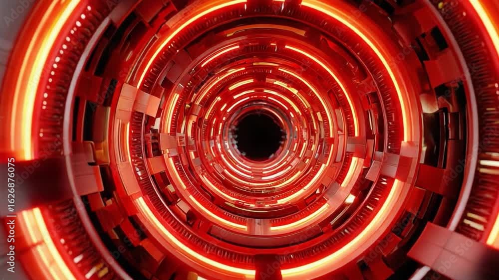 Poster cybernetic tunnel: an abstract, futuristic tunnel composed of glowing red and orange circular elemen
