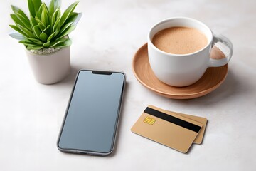 Cozy workspace featuring smartphone, bank cards, and coffee cup, creating an inviting atmosphere for effortless online shopping and relaxation in a light-filled environment