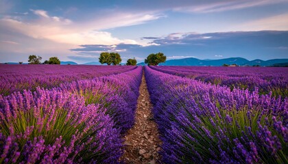 Naklejka premium Lavender field in full bloom stretches towards the horizon under a vibrant sky with scattered clouds, trees punctuating the landscape.