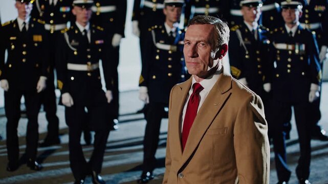 Politician in a sharp suit and tie delivering a powerful speech before a group of uniformed officers, embodying authority, leadership, and the essence of political discourse