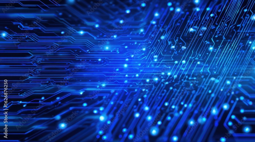 Aufkleber close-up view of a complex electronic circuit board featuring glowing blue lights and intricate path