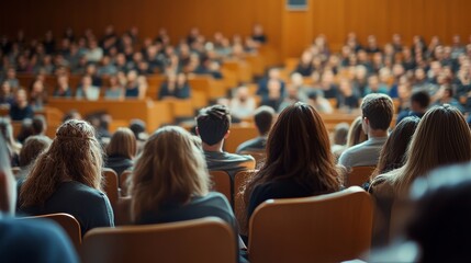 Audience engages with lecturer s speech in a conference hall setting, fostering knowledge exchange