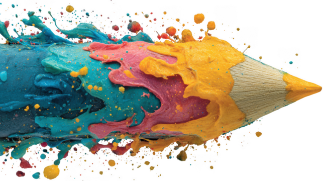 Creative explosion of vibrant colorful paint splashing from a pencil tip isolated on transparent background