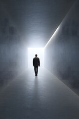 Obraz premium Man walking towards bright light at the end of a dark corridor, symbolizing hope and new beginnings, with smooth walls and a reflective floor enhancing the atmosphere