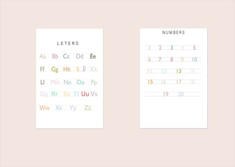 Set of 2 colorful educational posters for kids — includes an alphabet chart and a number chart from 1 to 10. Designed in a cute and playful vector style, perfect for preschool, kindergarten, or homesc