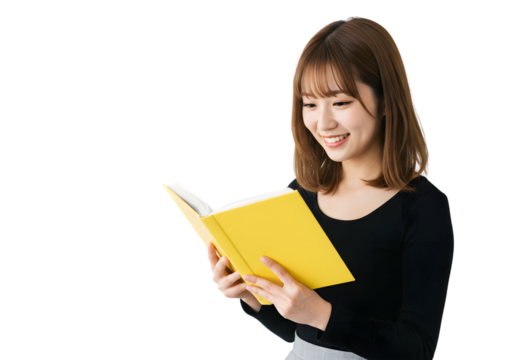 Japanese Woman Reading Yellow Book PNG Cut Out