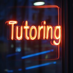 A bright neon sign spelling out tutoring in orange letters illuminates a dark background, symbolizing educational support