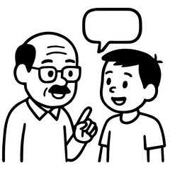  Grandfather and Grandson Talking with Speech Bubble - Black and White Vector
