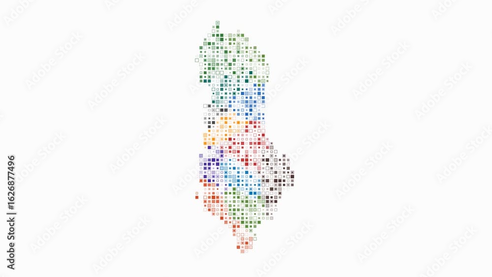 Poster albania dotted animation. shape of the country build of pulsating colored dots. small size square bl
