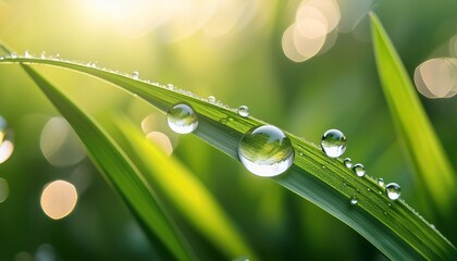stunning macro photograph of naturally lit water droplets on a green leaf or grass blade symbolizing the fragility and cleanliness of nature