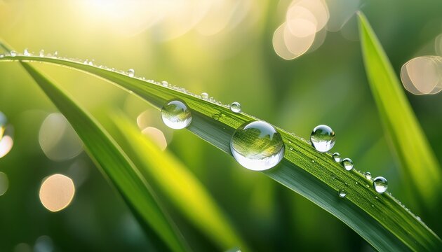 stunning macro photograph of naturally lit water droplets on a green leaf or grass blade symbolizing the fragility and cleanliness of nature