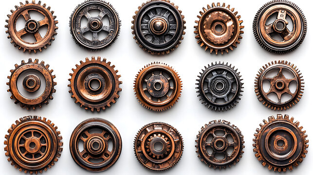 Collection of Vintage Metal Gears on White Background