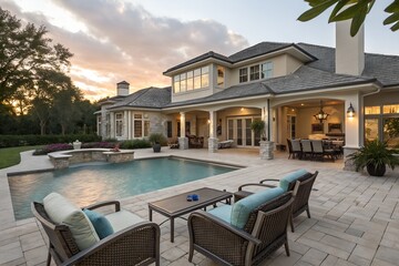 Fototapeta premium A luxurious home exterior with a swimming pool and outdoor seating at sunset in a serene setting
