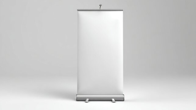 A blank roll-up banner is set up in a minimalist studio space, highlighting its potential for promotional use at various events or exhibitions.