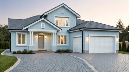 A beautiful two-story modern suburban house with a light teal stucco exterior and a gray roof. The home features a prominent front entrance with a stylish door, two large garage doors