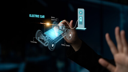 Structure of electric car showing battery system, traction motor, control units, and charging...