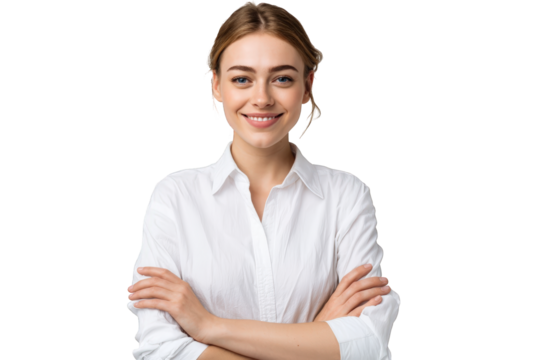 Photo of attractive young woman in a white shirt, smiling with arms crossed, isolated on transparent background - Powered by Adobe