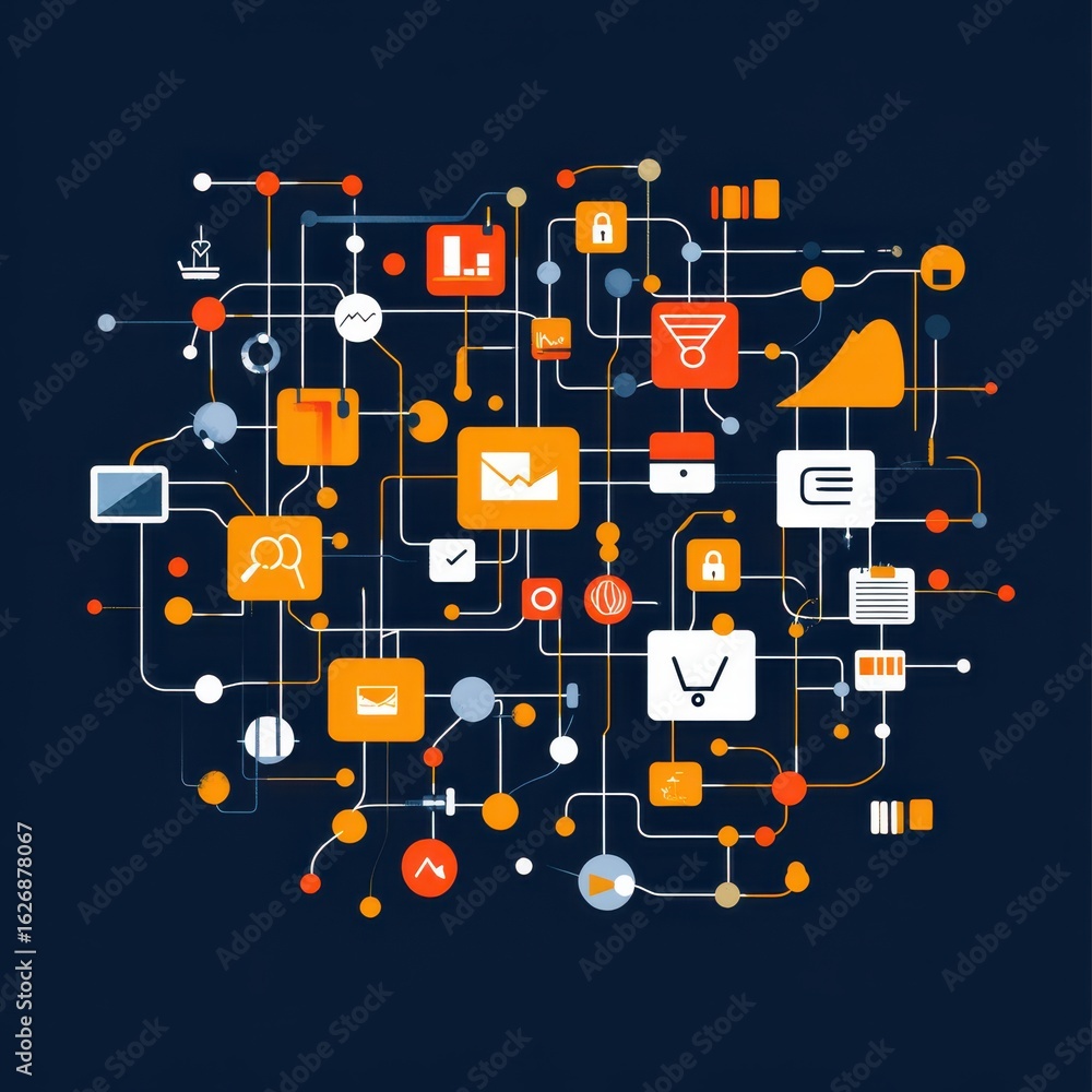 Poster abstract network of interconnected nodes and icons representing technology, data, and communication 
