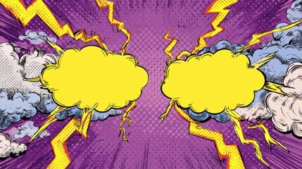 A vibrant comic book style backdrop features bold yellow clouds among dynamic lightning bolts on a purple background. Ideal for various creative projects or announcements.