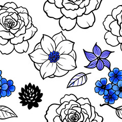 Seamless pattern of hand drawn outline flowers with blue accents and a single black silhouette flower