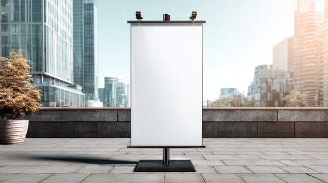 An empty board is prominently displayed on a patio in a bustling city. Sunlight bathes the space, and contemporary skyscrapers form the backdrop, creating a vibrant urban atmosphere.