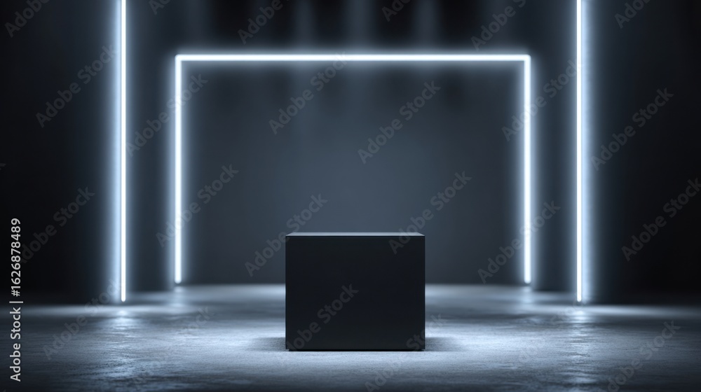 Aufkleber a minimalist studio features a black cube at its center, surrounded by glowing, linear light install