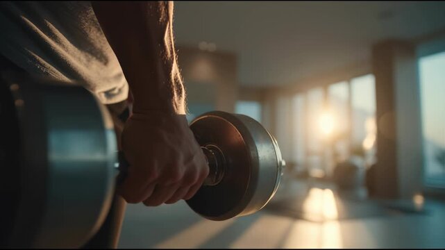 POV shot of hands gripping dumbbells mid-rep during intense workout in bright modern gym with strong athletic focus and energy